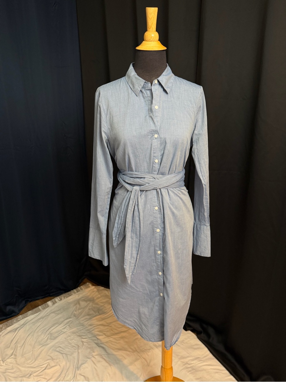 Who What Wear Light Blue Button-Front Shirt Dress with Waist Tie